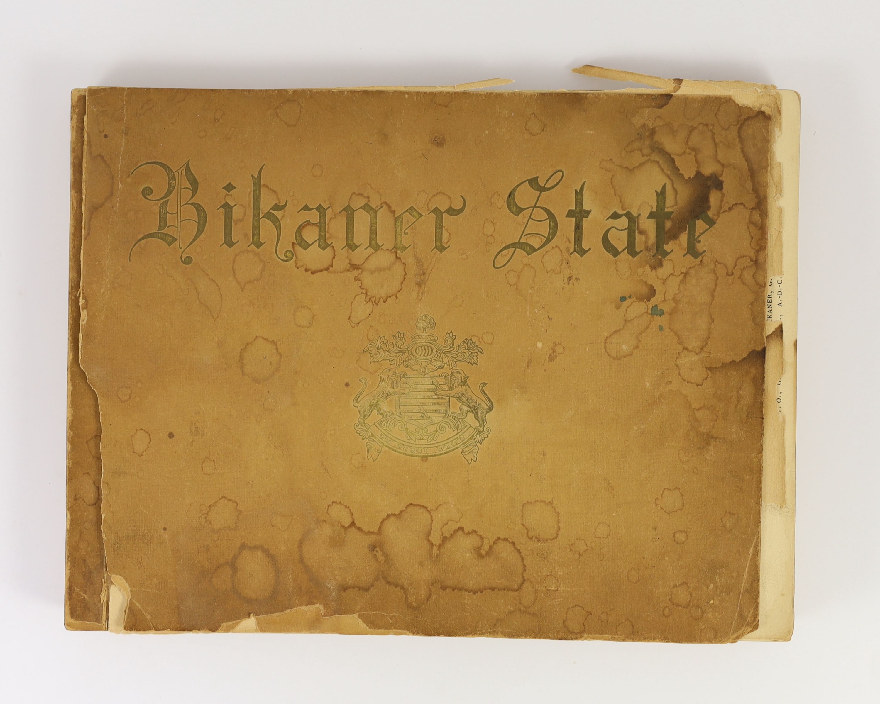 Bikaner State. Oblong folio, Editions de Luxe, Paris, n.d. [c.1930]. 50 leaves of sepia photographs in wrappers including, The Fort, Lallgarh Palace, Gajner [Palace] and Bikaner, first leaf detached. Front wrapper and th